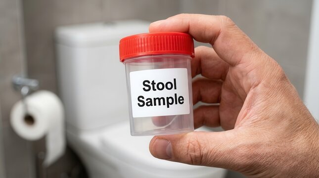 A hand holding an empty sterile plastic bottle for stool sample collection in a washroom.
