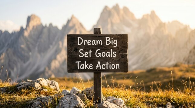 Dream Big Set Goals Take Action motivational text on a wooden board with mountains.