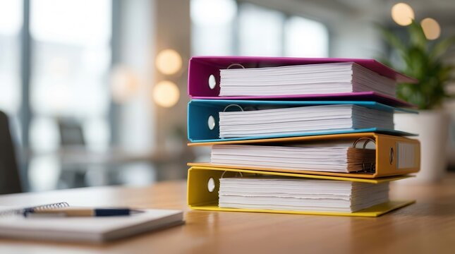 Stack of organized technical documentation manuals in colorful binders on a desk.
