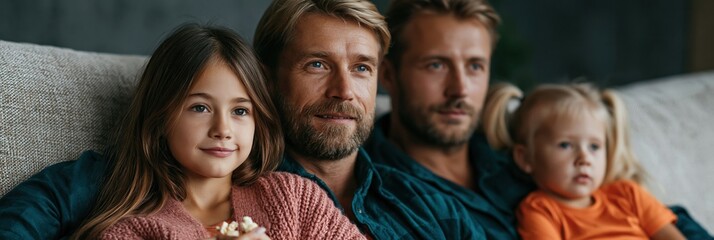 Obraz premium Father and family sitting together watching movie on living room sofa