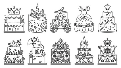 Set of fairy tale cakes with castle unicorn carriage princess dress tiara and magic wand. © Md