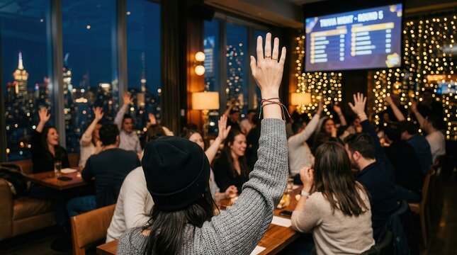 Defocused group participating in a trivia night competition in a lounge setting.