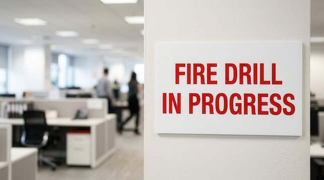 Fire drill in progress sign illustrating workplace emergency evacuation procedure.