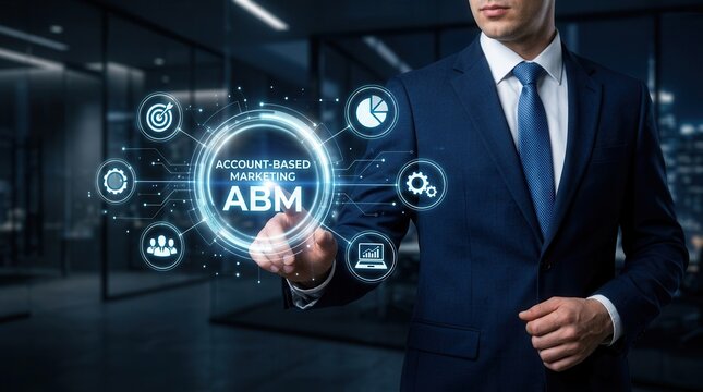 Business professional pressing virtual touchscreen displaying ABM account-based marketing concept.