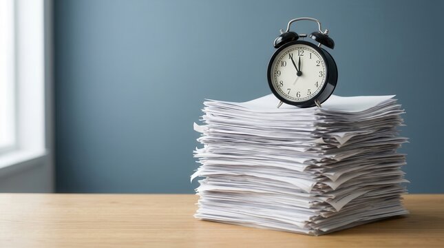 Stack of office documents with an alarm clock on a wooden table representing time management and deadlines.