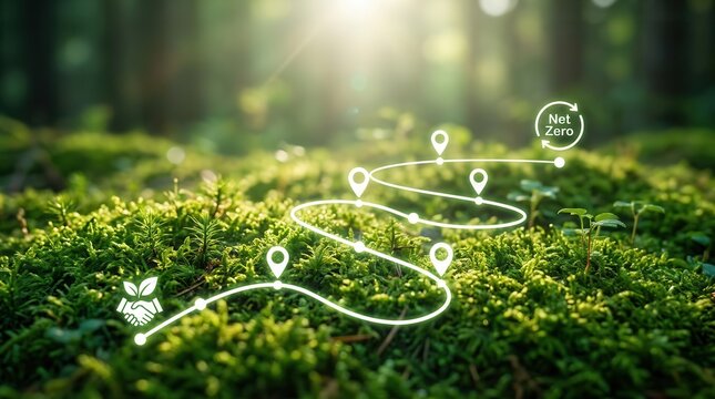 Green roadmap illustration showing progress points toward achieving Net Zero.