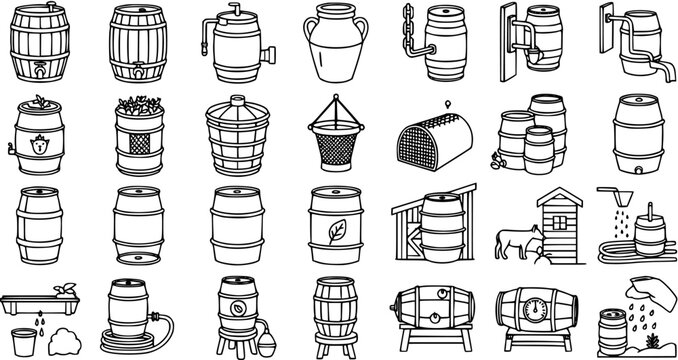 Agriculture, Food  Drink, and Water Storage Barrels Icons - Black and White Line Art Collection of Casks, Drums, and Containers