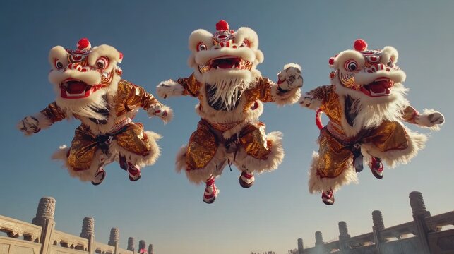 Three vibrant lion dancers in golden costumes leap mid-air before a blurred architectural backdrop
