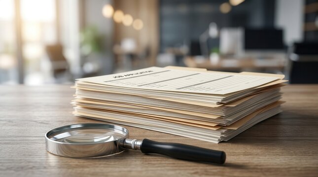 Stack of job applications and folders with a magnifying glass for reviewing and assessing candidates.