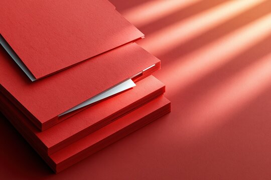 Red folders layered under sunlight on red tabletop surface