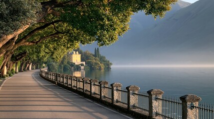 Obraz premium Scenic lakeside road lined with lush trees and a historic yellow building reflecting on calm water under soft morning light in a tranquil landscape