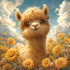 Fototapeta premium Funny llama or alpaca with a smiling face standing among yellow flowers in a sunny field