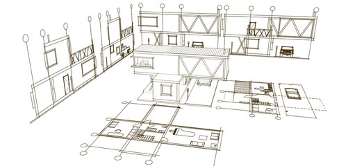 Fototapeta premium house plan sketch 3d illustration