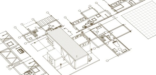 Fototapeta premium house plan sketch 3d illustration