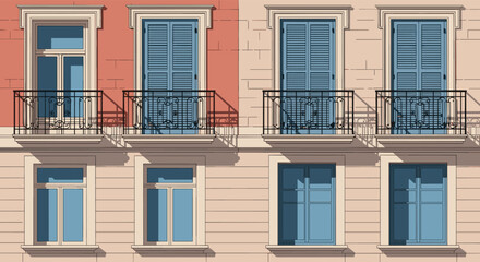 Fototapeta premium Architectural illustration of a European building facade shows multiple windows with blue shutters and black metal balconies against a warm wall.