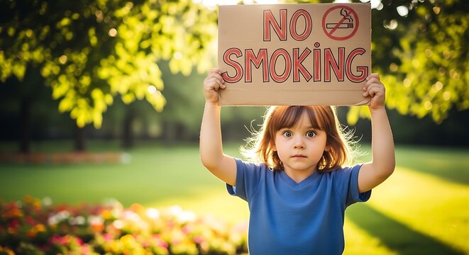 Young child holding a No Smoking sign outdoors in a park.