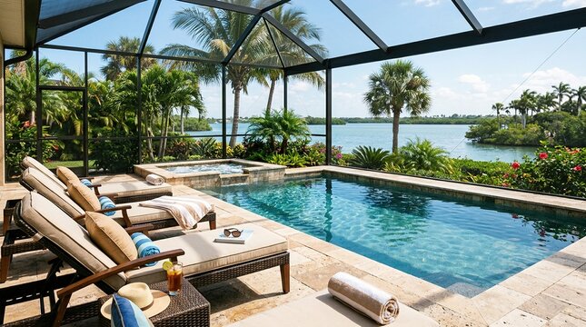 A serene poolside scene with lounge chairs, palm trees, and a tranquil body of water in the background on a sunny day.