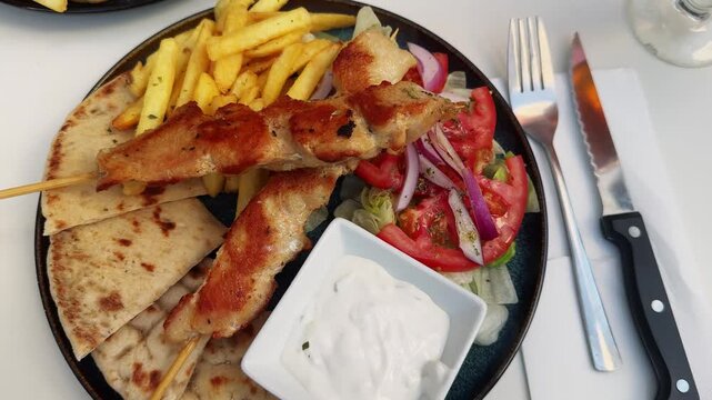Greek pita, chicken souvlaki, green salad with fresh vegetables, French fries, and tzatziki sauce. Greek cuisine. High quality 4k footage
