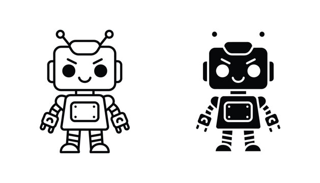 Cute robot mascot vector design in outline and solid black silhouette