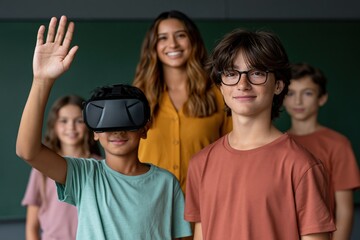 Fototapeta premium Group of students using vr headset with classmates in classroom