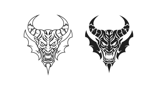Aggressive demon head vector art in outline and solid black silhouette