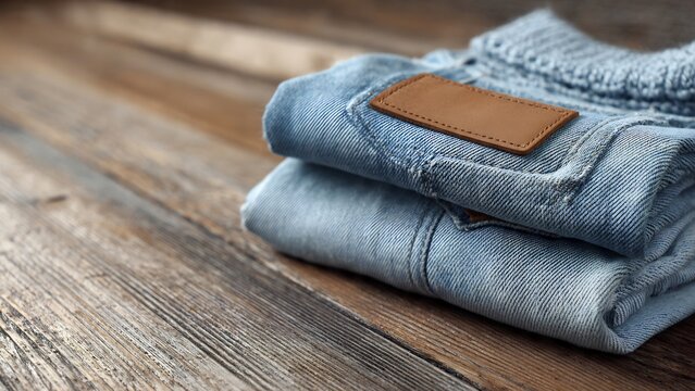 Stack of folded blue jeans clothing.