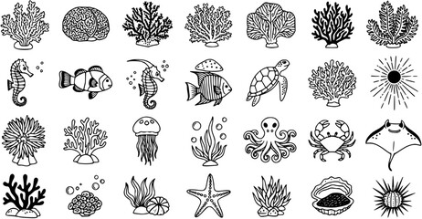 Underwater Marine Life Black  White Line Art Vector Set. Ocean Creatures, Coral Reefs, and Sea Plants Doodle Icons Collection. © victoria