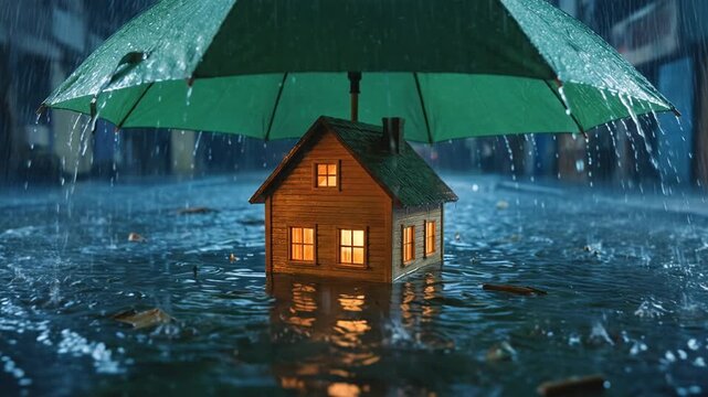 Small wooden house protected from heavy rain by green umbrella in dark street. Home insurance and real estate safety concept. Weather damage protection loop