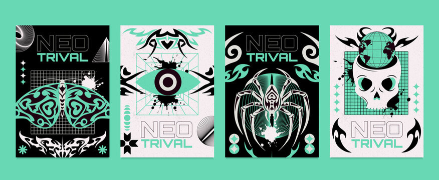Four Vertical Neo Tribal Cards with Skull Spider Eye and Butterfly Motifs on Teal Background