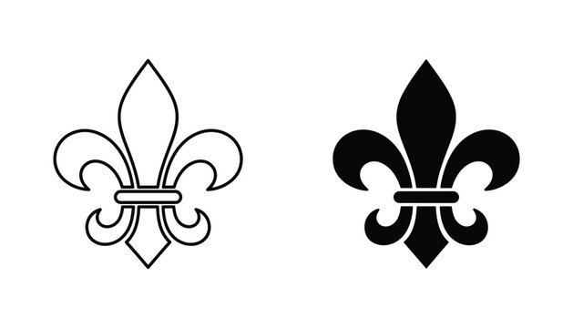 Fleur de lis heraldic symbol outline and silhouette icons set for luxury and vintage design elements isolated on white background