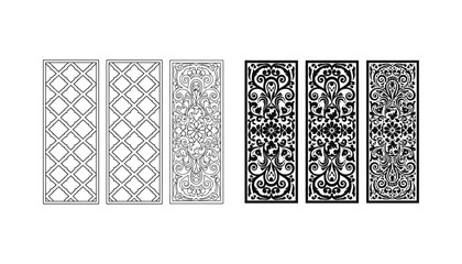 Decorative floral pattern panel line art and solid black silhouette set for architectural and interior design ornamental elements © Urban