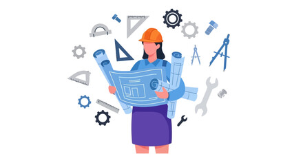 Naklejka premium Female engineer reviewing project blueprints surrounded by tools and gears.