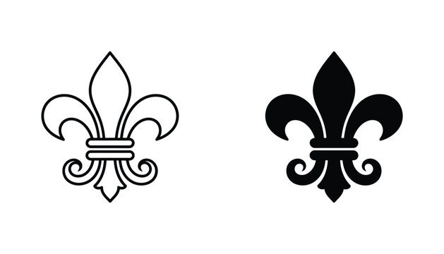 Fleur de lis symbol outline and silhouette vector icons set for historical and heraldic design elements isolated on white background