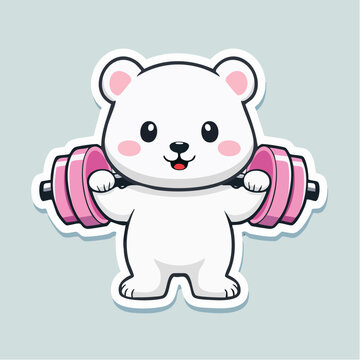 Cute cartoon polar bear lifting weights