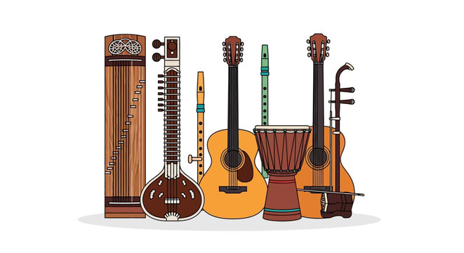 Illustration of diverse world musical instruments arranged on a white background.