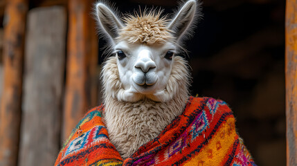 Fototapeta premium Cute llama wearing a colorful knitted sweater 