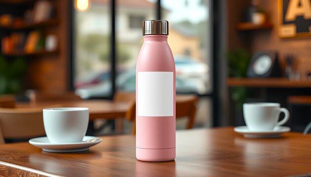 A blank white rectangular sticker mockup is attached on a pink bottle on a table along with coffee cups