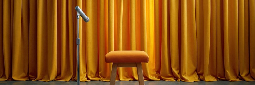 Microphone and stool on stage with golden curtain backdrop