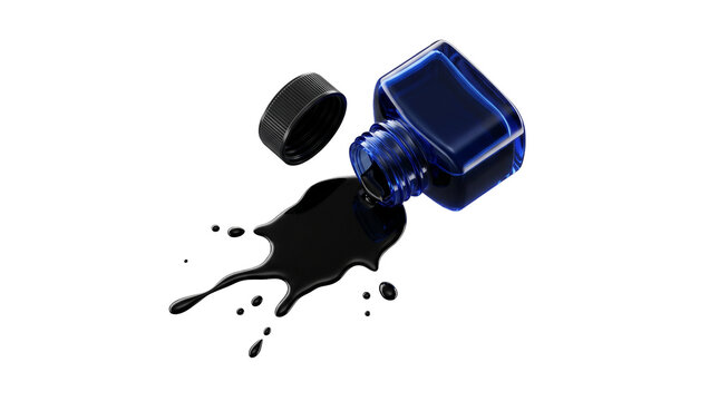 Isolated 16:9 high angle shot of an open blue ink bottle with a spill of thick black liquid for use in stationery brand catalogs, calligraphy supply websites, or creative arts blogs