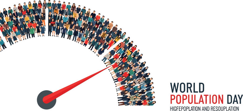 World population day concept with a crowd of diverse people forming a speedometer gauge vector illustration