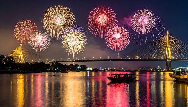 Fireworks Display Over City Waterfront Bridge.