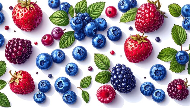 Scattered fresh assorted berries including strawberries blueberries and blackberries with green leaves on white background, vibrant and juicy, healthy food concept