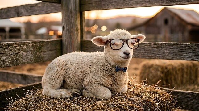 Lamb wearing glasses sits comfortably on a pile of dry straw inside a rustic wooden barn during the peaceful golden hour.