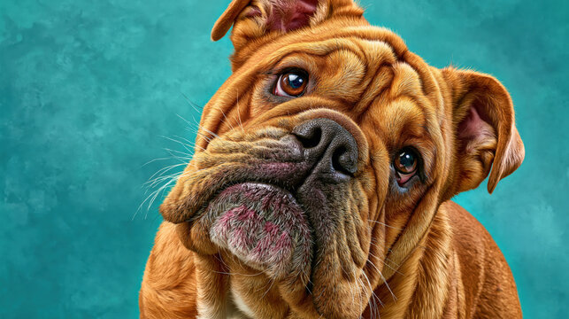 Grumpy English Bulldog with wrinkled face and serious look on teal background