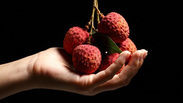 Hand cradling a bunch of fresh, red lychees against a stark black background, showcasing the fruit