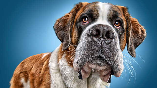 Hyper-realistic close-up portrait of a Saint Bernard dog on a blue background