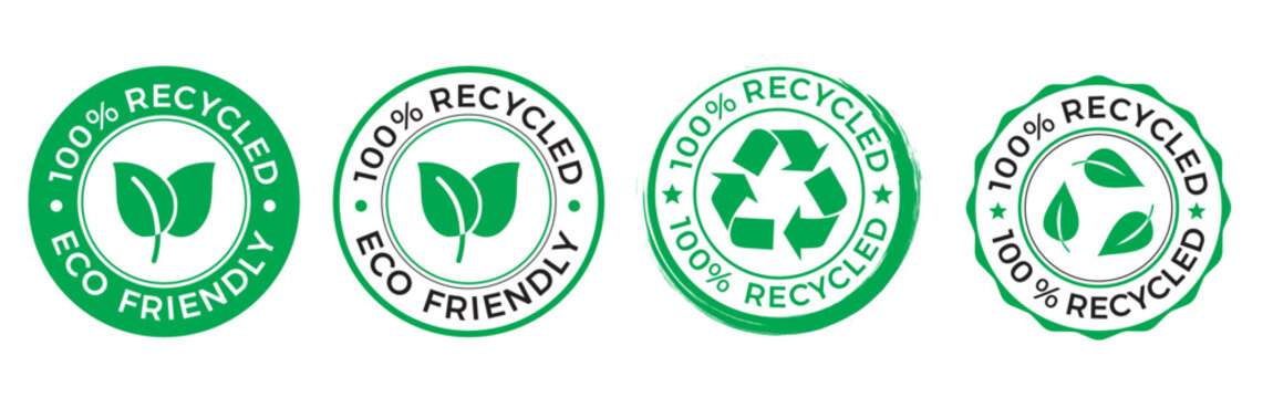 100% Recycled and Eco Friendly Icon Set. Green Vector Badge Stamp for Sustainable Product Packaging Label Design
