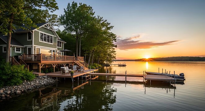 Luxury lake house with wooden deck and dock at sunset serene waterfront property for vacation or real estate peaceful summer evening