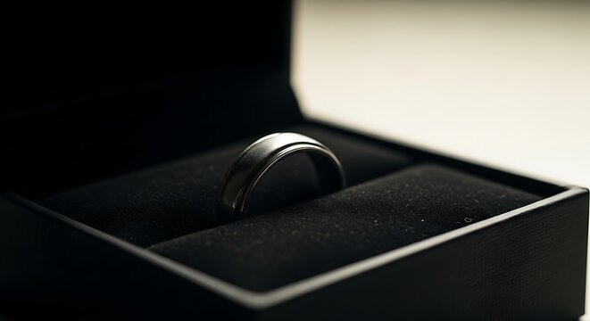 Black wedding band in velvet box.
