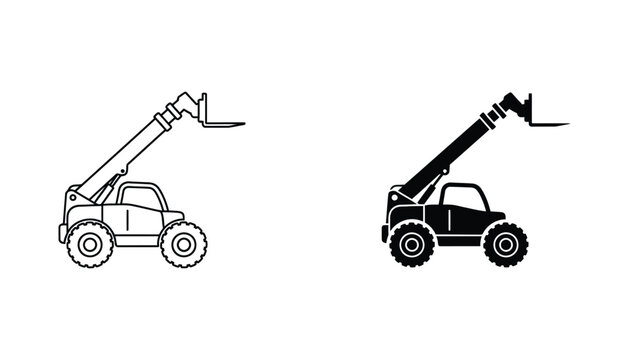 Telescopic boom lift outline and silhouette isolated on white background for construction and industrial equipment